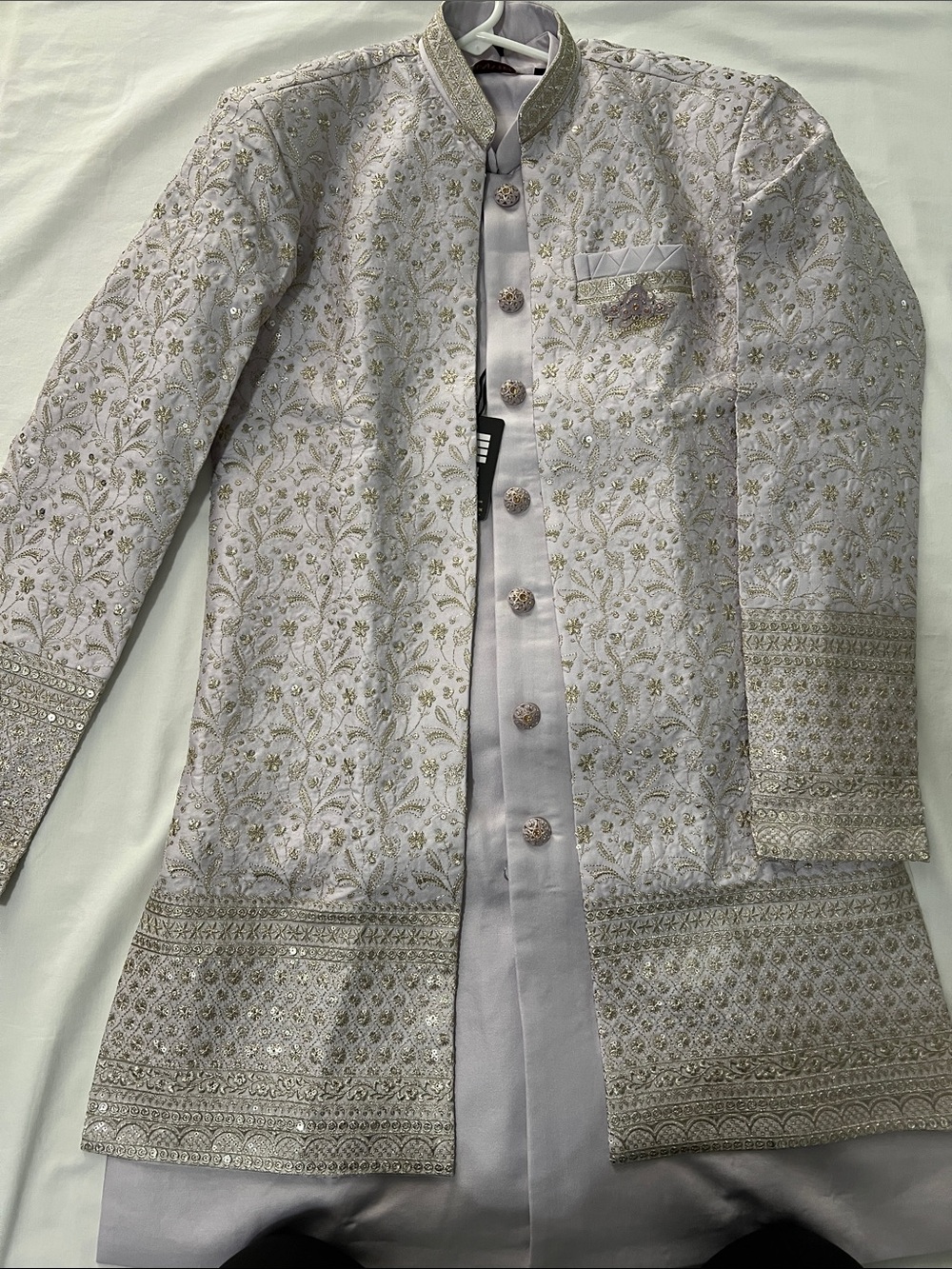 Elegant Embroidered Mens Long Coat Jacket in Light purple